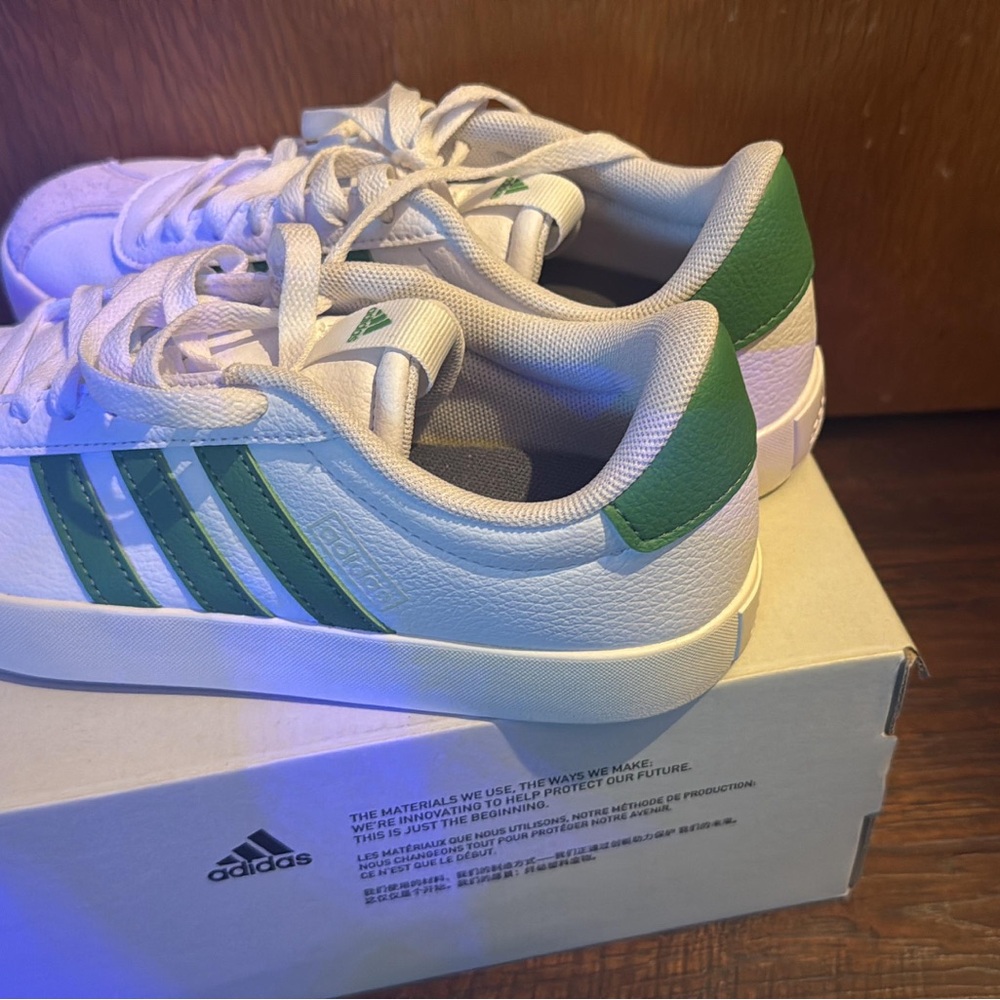 Adidas White Sneakers with Green Stripes